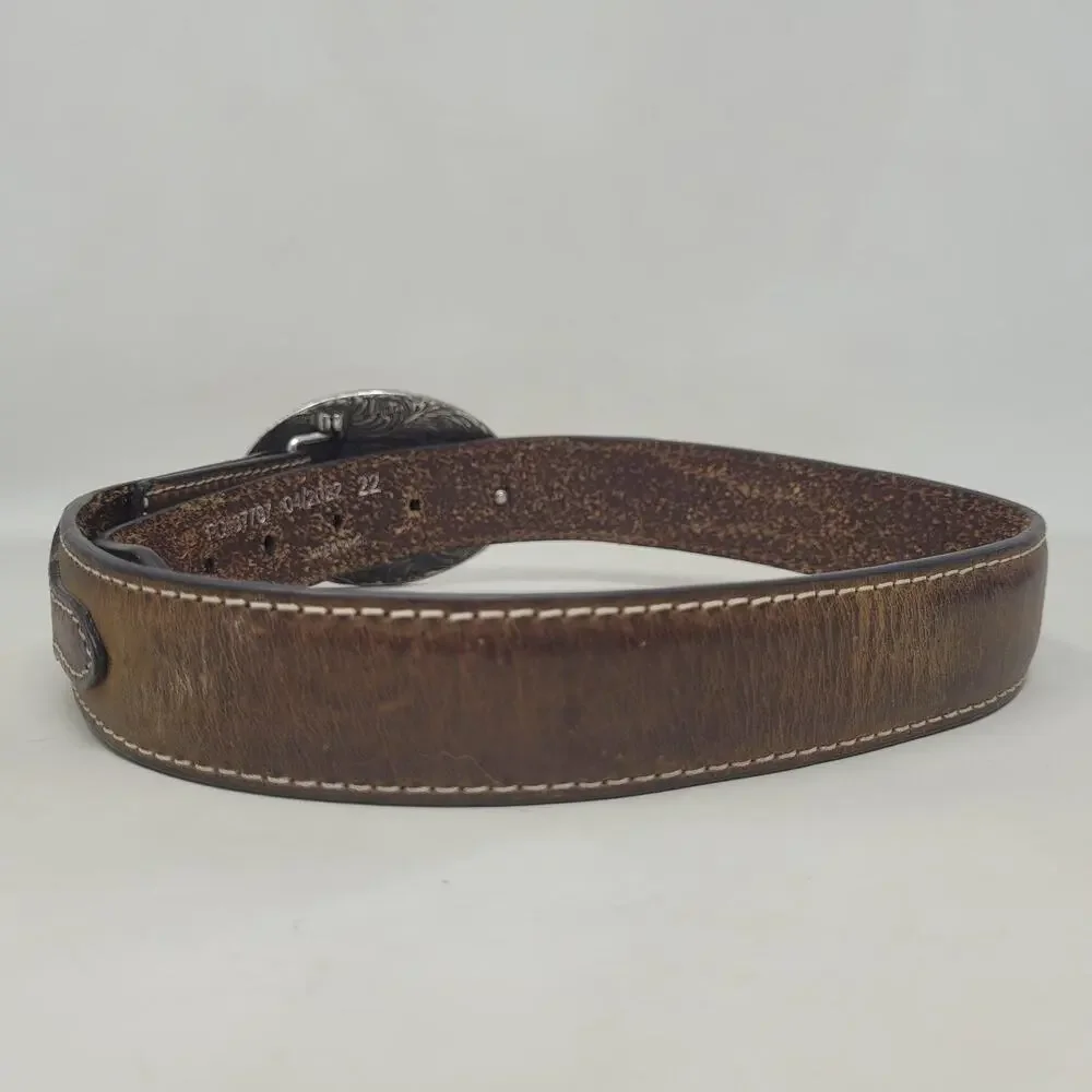Cavender's Belt Boy 22‎ Brown Leather Oval Rodeo Buckle Western Cowboy Floral